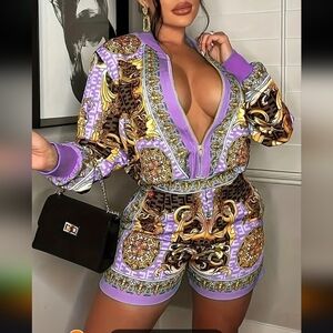 Lavender Baroque Print Zip Romper
